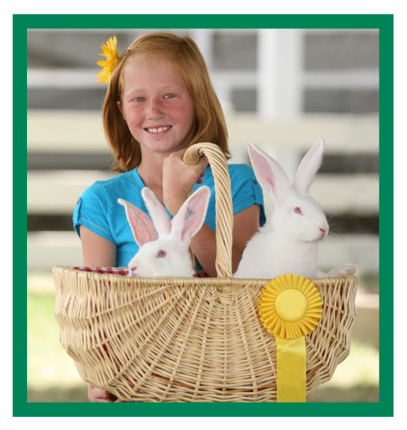 girl with yellow flower in hair holding a basket of white rabbits