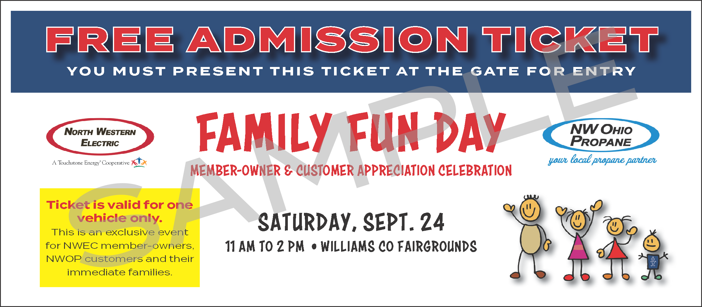 Family Fun Day Admission ticket with two logos and stick family graphic